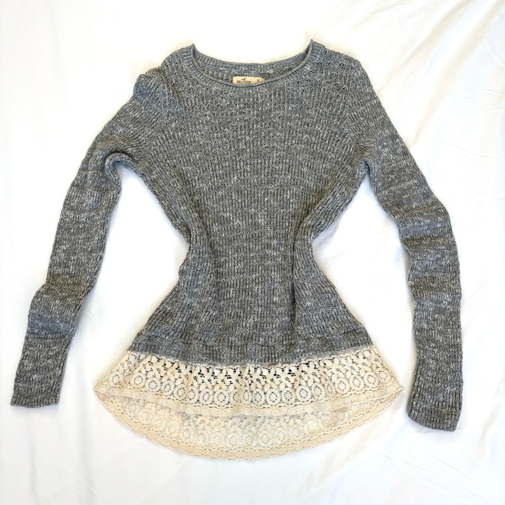 Y2K Hollister Gray Knit Sweater w/ Lace Trim Coquette Vintage Tag Sz XS